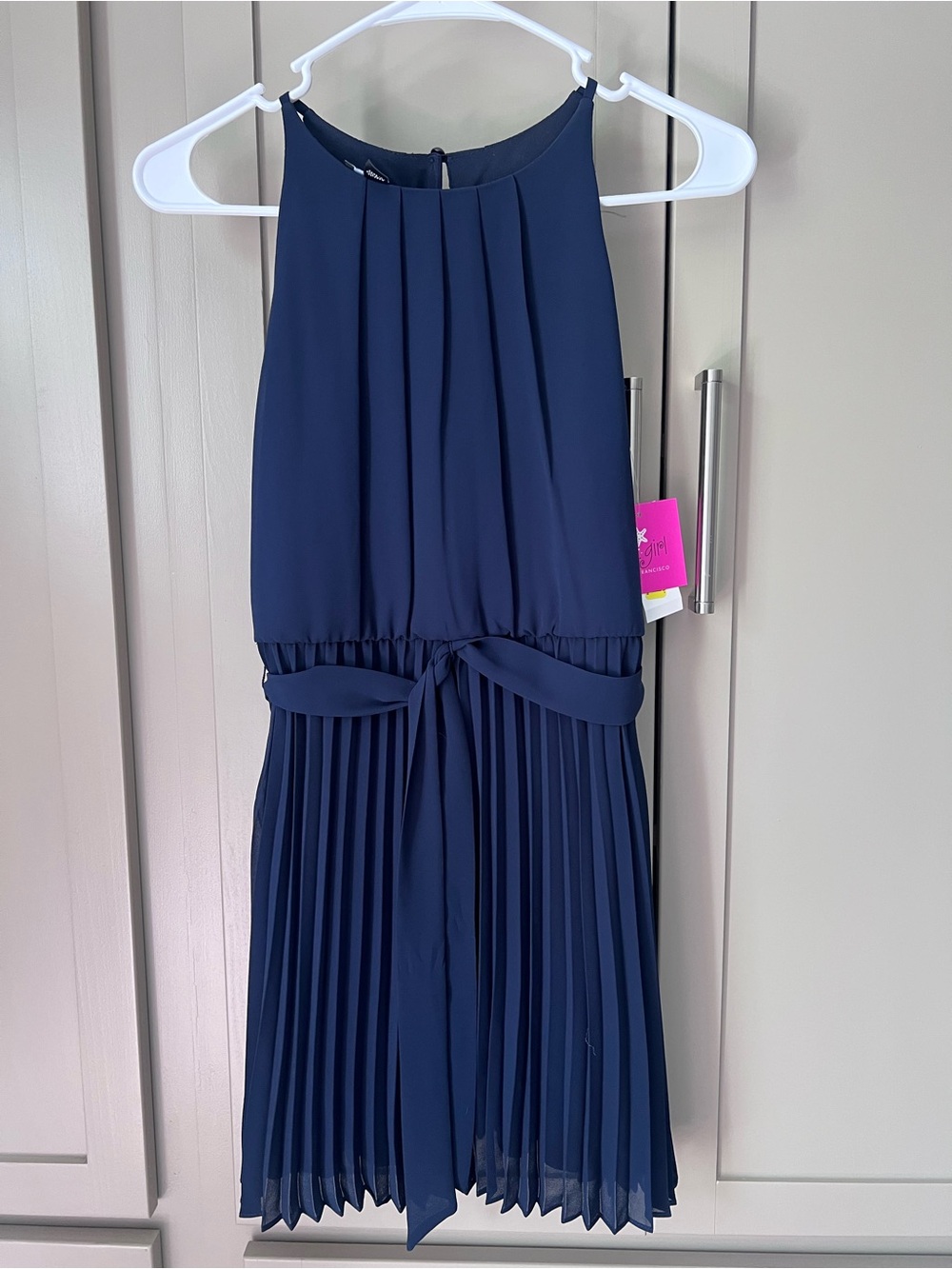 Girls Navy Pleated Tie-Waist Sleeveless Dress - Size 12 - New With Tags